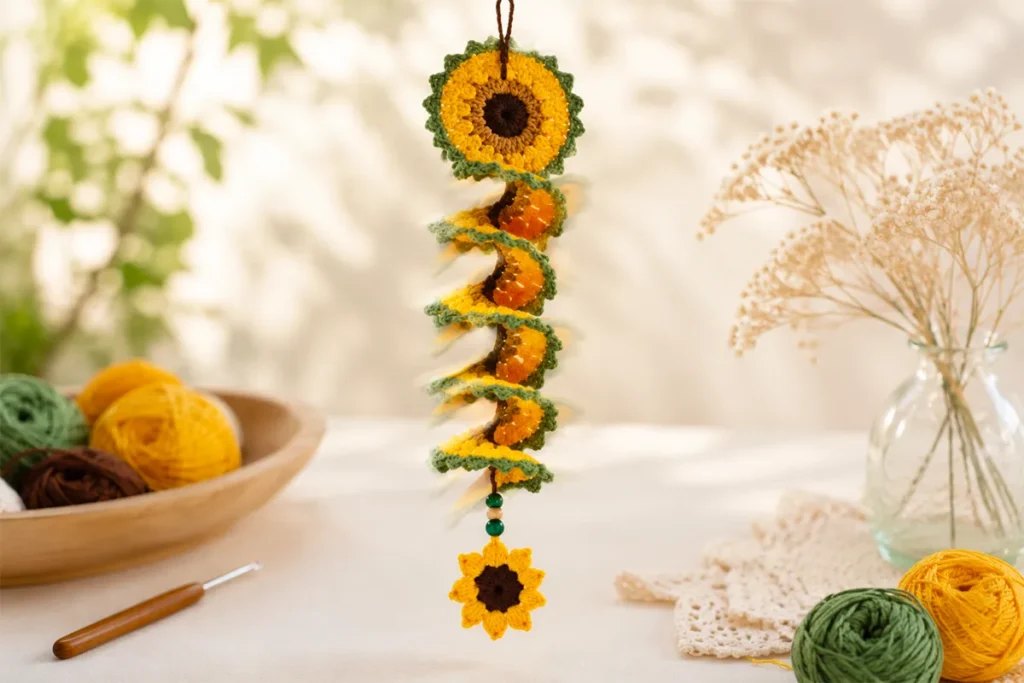 Finished crochet sunflower wind spinner with soft motion effect in a bright handmade lifestyle setting