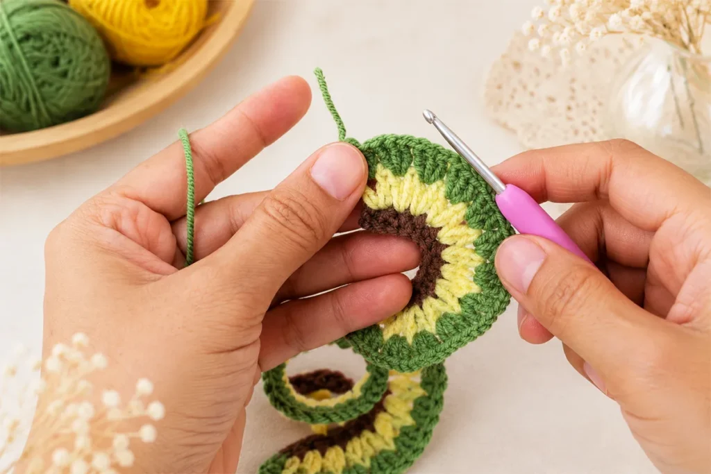 Hands crocheting the green leafy edge on a crochet sunflower wind spinner pattern with yellow and brown stitches