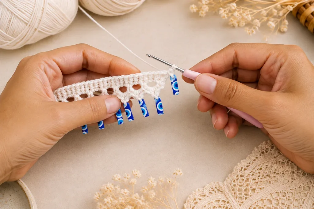 Hands adding an evil eye charm to a white crochet anklet with a pink crochet hook on a soft neutral craft background.