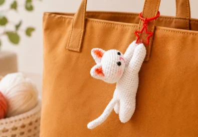 White crochet cat keychain with pink ears and a red star clasp hanging from a brown tote bag.