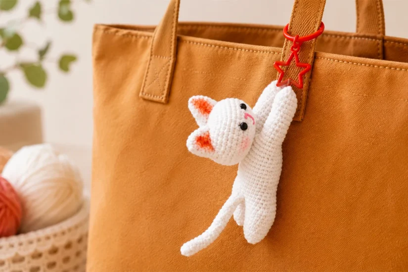 White crochet cat keychain with pink ears and a red star clasp hanging from a brown tote bag.