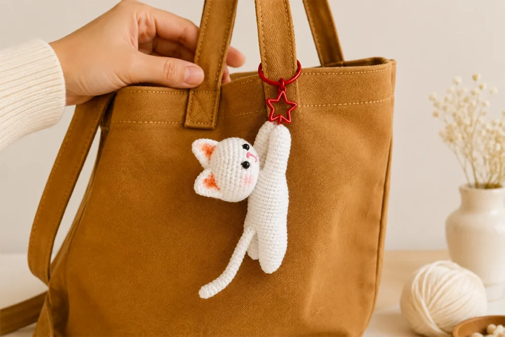 White crochet cat keychain with pink ears and a red star clasp hanging from a brown tote bag.