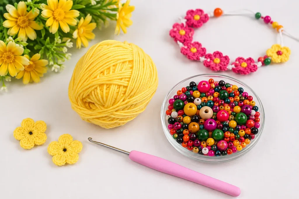 Cotton yarn, beads and 2.20 mm hook for a crochet daisy bracelet
