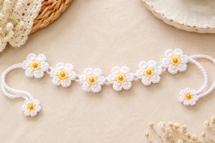 Crochet daisy bracelet with beaded flower centers