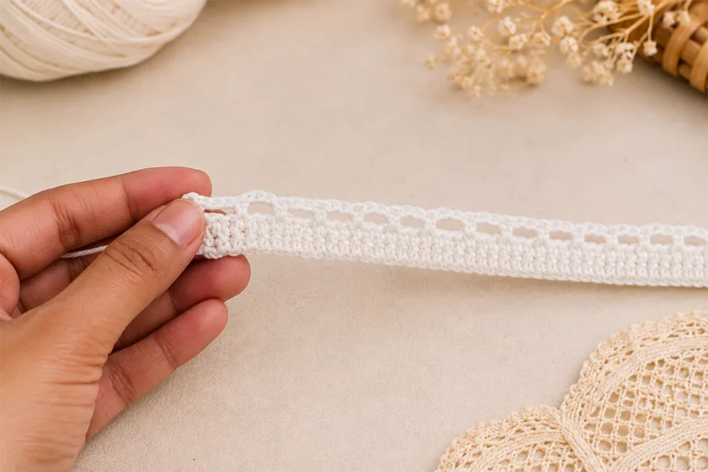 Hand holding a white crochet anklet band with decorative chain spaces on a soft neutral background.