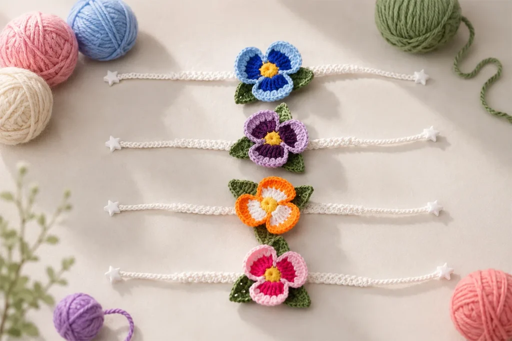 Four crochet pansy bracelets in blue, purple, orange, and pink arranged on a light tabletop with matching yarn balls around them.