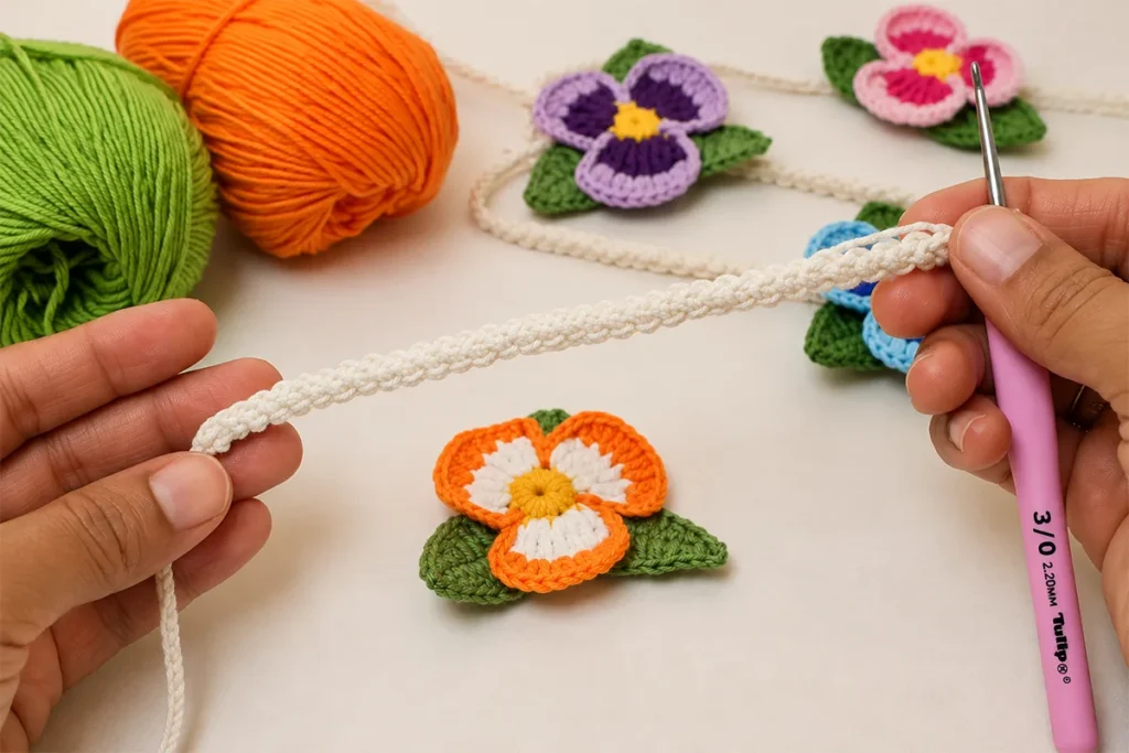 Hands holding the crochet pansy bracelet cord while showing the two top loops used to continue the cord with a 2.20 mm crochet hook.