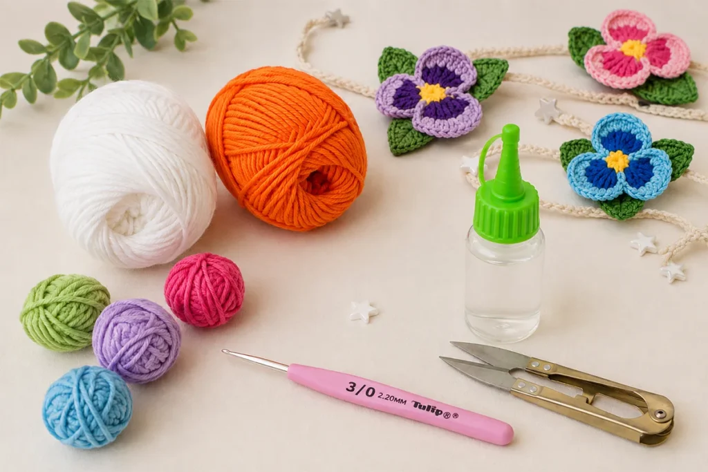 Materials for a crochet pansy bracelet, including cotton yarn, a 2.20 mm crochet hook, glue, thread snips, star beads, and colorful finished pansy bracelets on a light tabletop.
