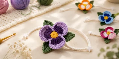 Purple crochet pansy bracelet with green leaves, white cord, and star-shaped ends arranged with colorful crochet flower bracelets and yarn.