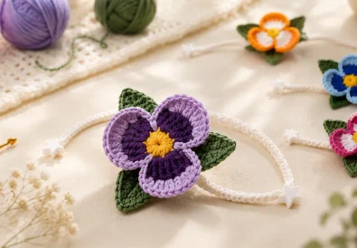Purple crochet pansy bracelet with green leaves, white cord, and star-shaped ends arranged with colorful crochet flower bracelets and yarn.