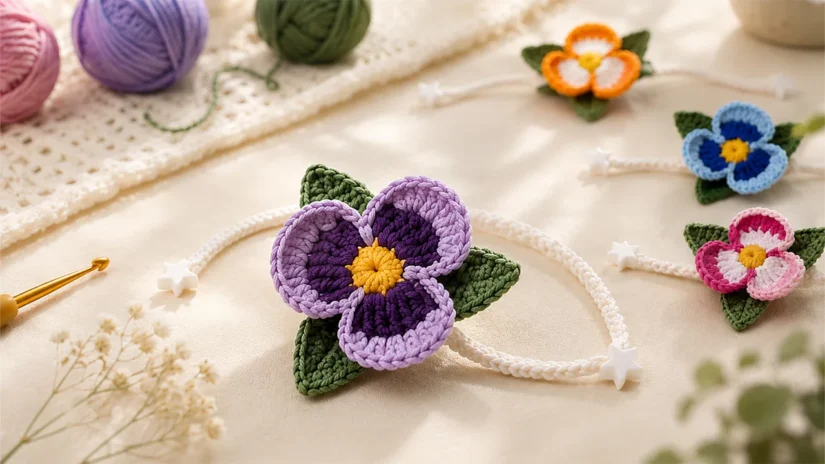 Purple crochet pansy bracelet with green leaves, white cord, and star-shaped ends arranged with colorful crochet flower bracelets and yarn.
