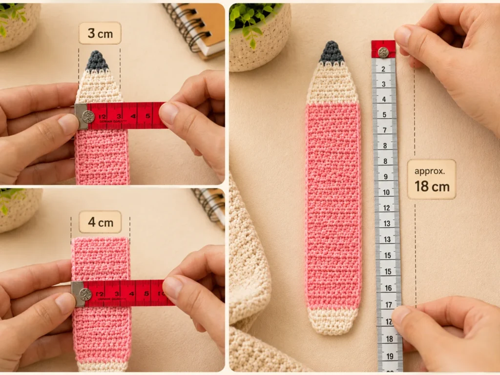 Collage showing a crochet pencil bookmark being measured by hand, including a 3 cm cream section, an approximately 18 cm pink section, and a 4 cm width.
