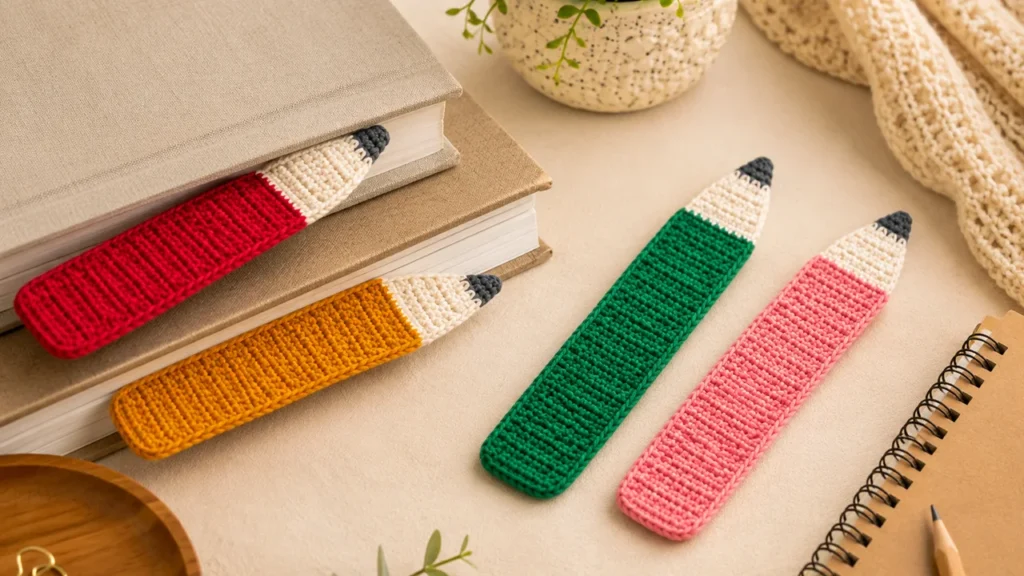 Four finished crochet pencil bookmarks in red, yellow, green, and pink arranged beside stacked books, with two bookmarks partially tucked between book pages.