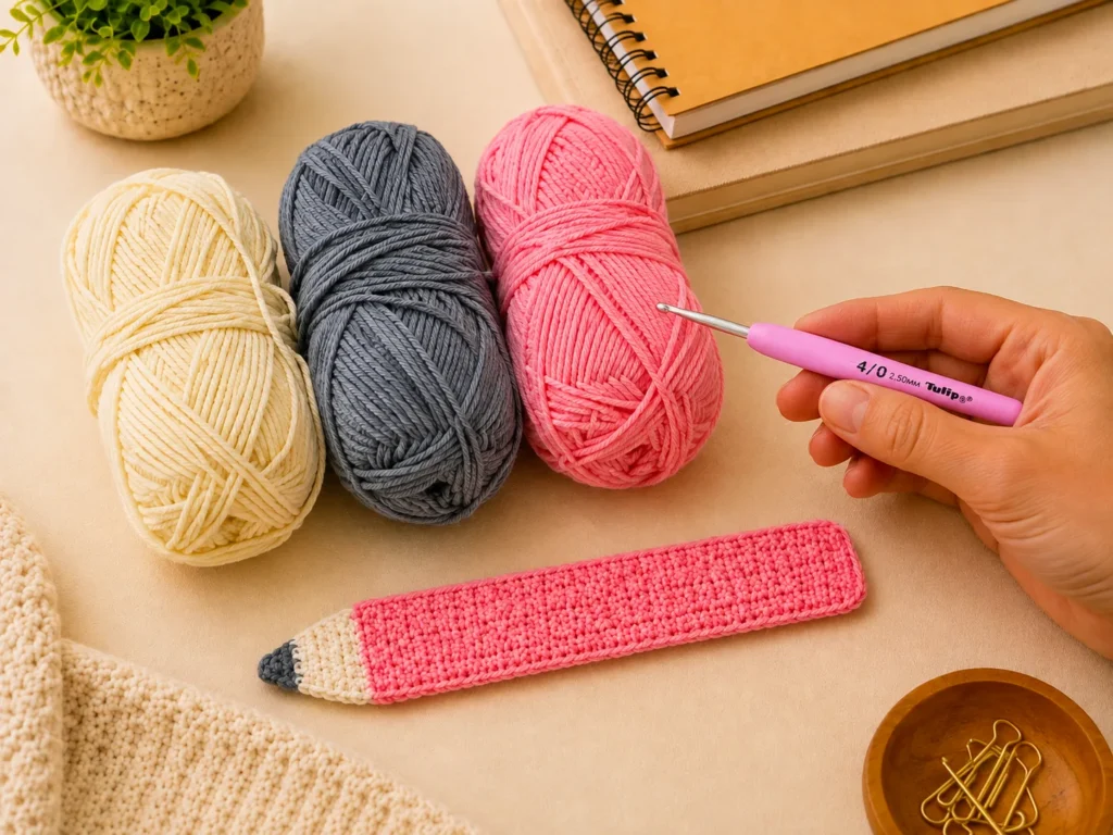 Three yarn skeins in cream, gray, and pink, a pink 2.50 mm Tulip crochet hook held in hand, and a finished pink crochet pencil bookmark on a warm neutral desk.