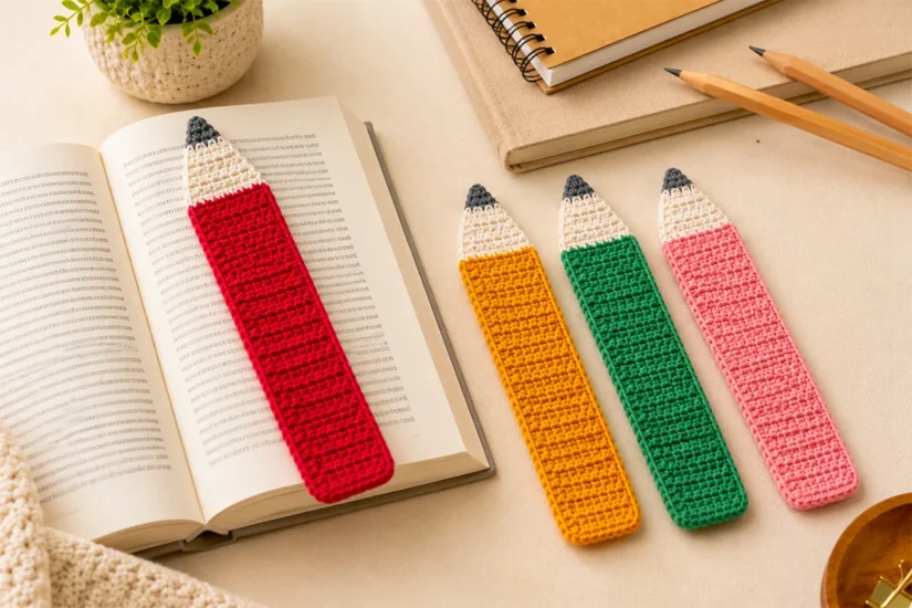 Four crochet pencil bookmarks in pink, red, yellow, and green, with one bookmark held above an open book on a warm neutral desk.