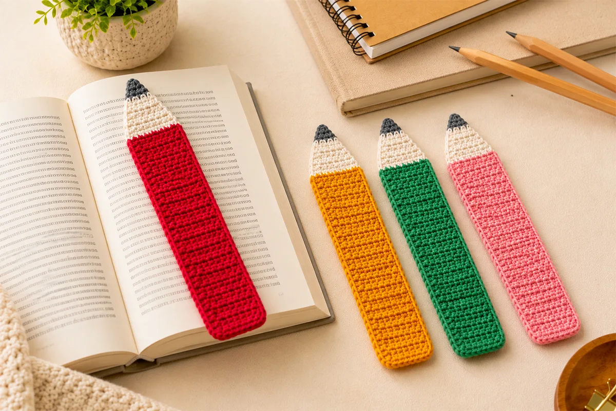 Four crochet pencil bookmarks in pink, red, yellow, and green, with one bookmark held above an open book on a warm neutral desk.