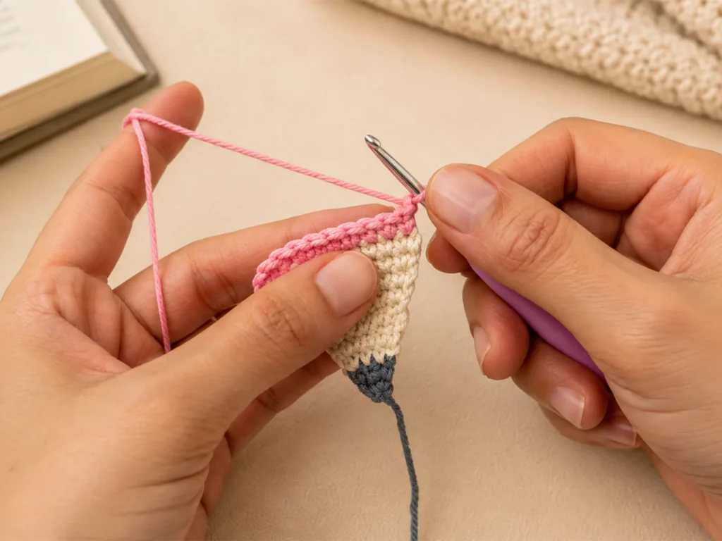 Close-up of hands crocheting the pink bookmark body section of a crochet pencil bookmark with a pink crochet hook on a warm neutral background.