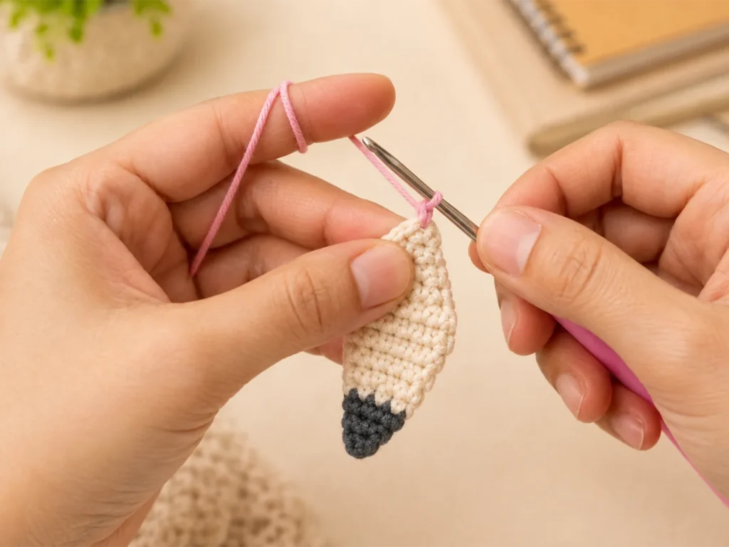 Hands changing from light cream yarn to pink yarn while crocheting the 10th single crochet of a crochet pencil bookmark with a pink-handled hook.