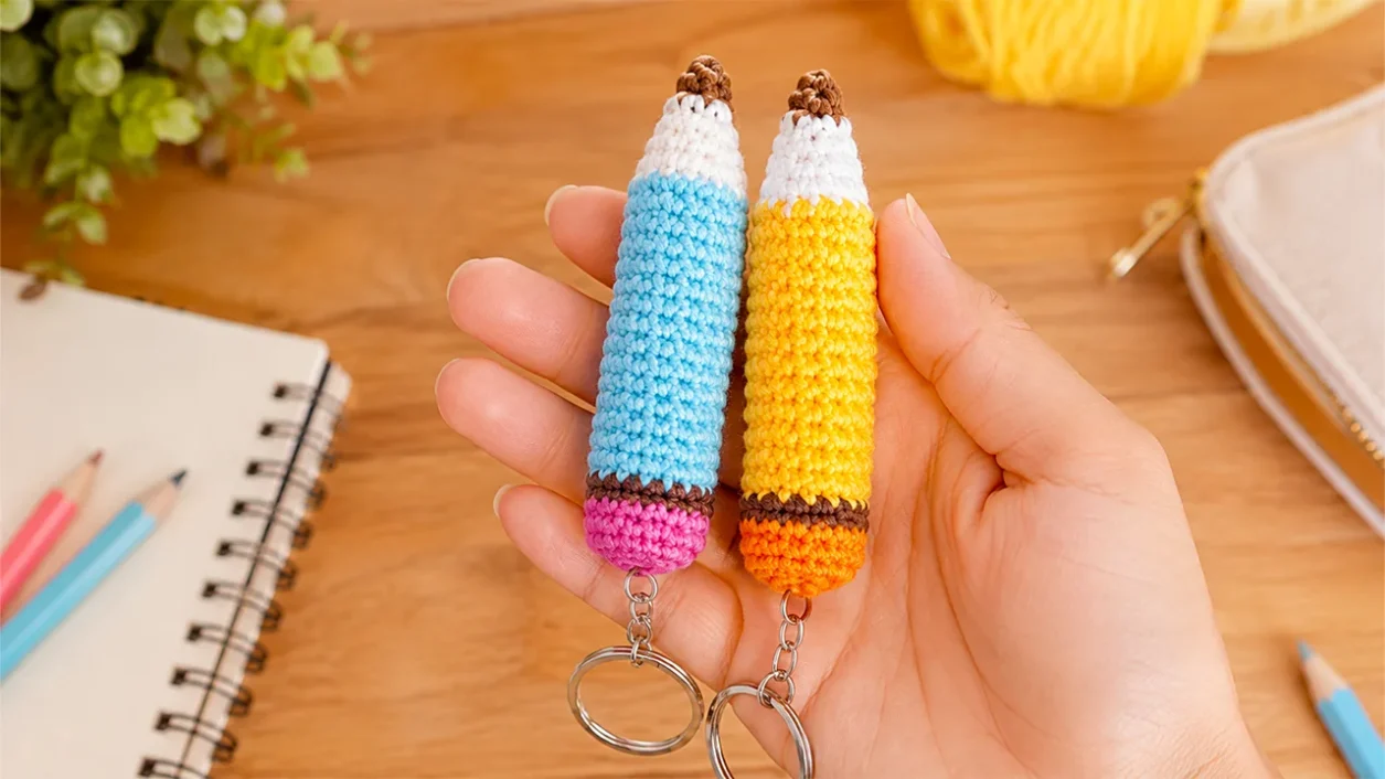 Two crochet pencil keychains in blue and yellow held in a hand with school supplies in the background