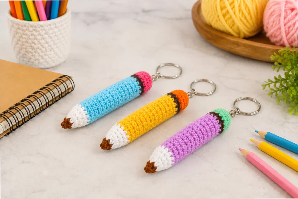 Three crochet pencil keychains in blue pink, yellow orange, and purple mint color combinations on a tabletop with stationery supplies