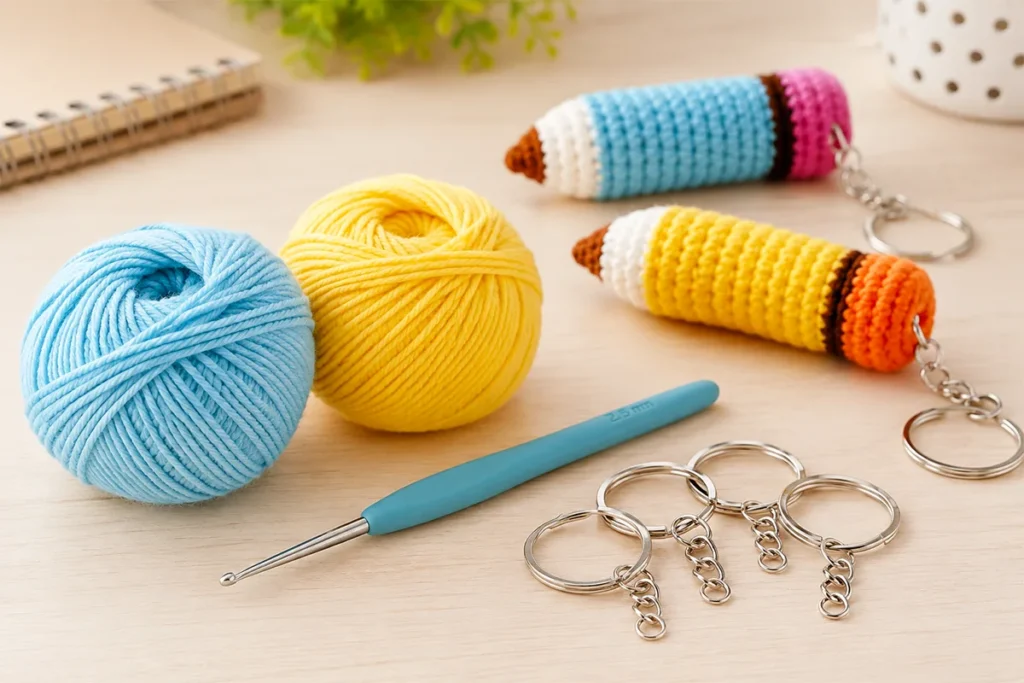 Light blue and yellow yarn, a 2.5 mm crochet hook, metal keychain rings, and two finished crochet pencil keychains