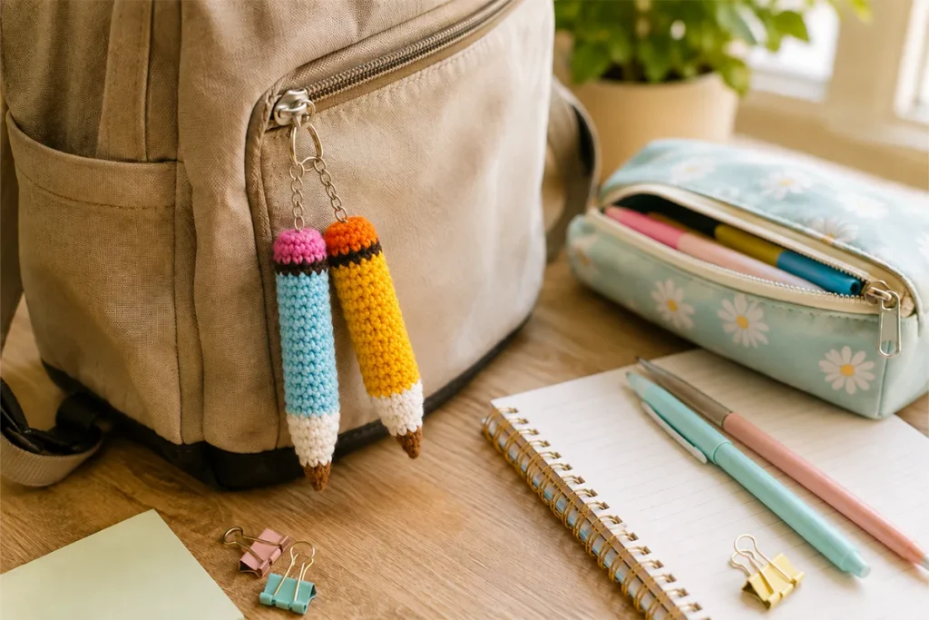 Two crochet pencil keychains attached to a backpack zipper beside a notebook and pencil case