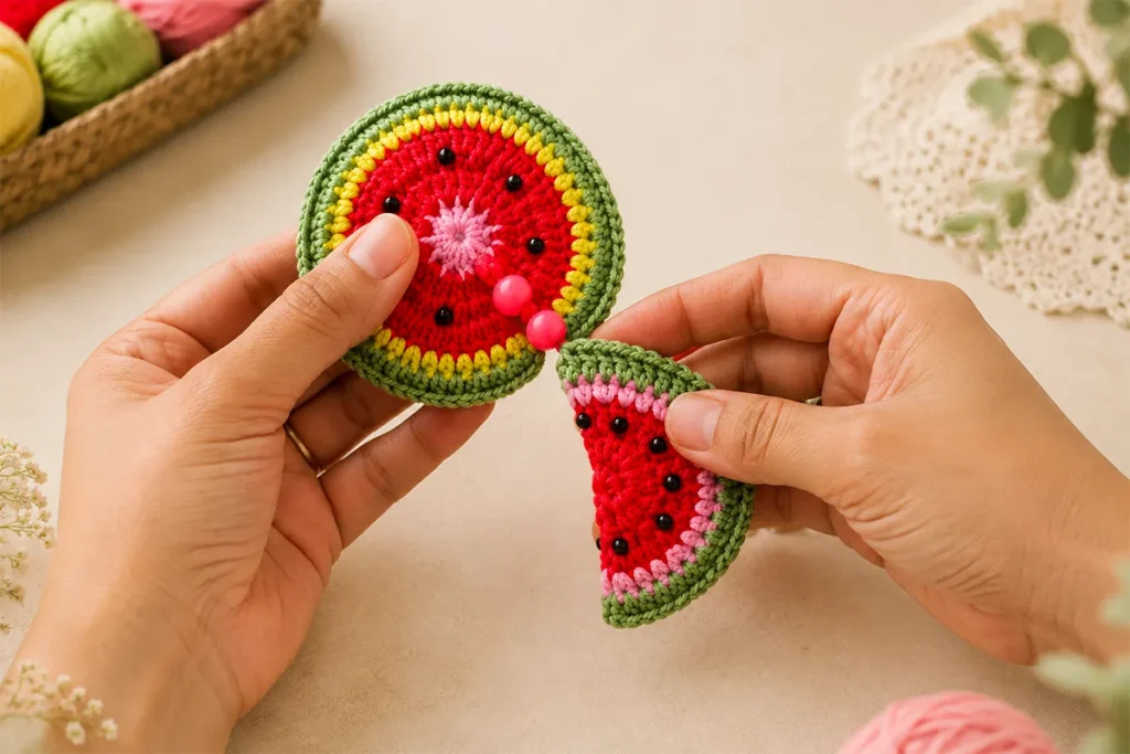 Hands attaching a small crochet watermelon slice charm with pink beads to the bottom of a crochet watermelon wind spinner