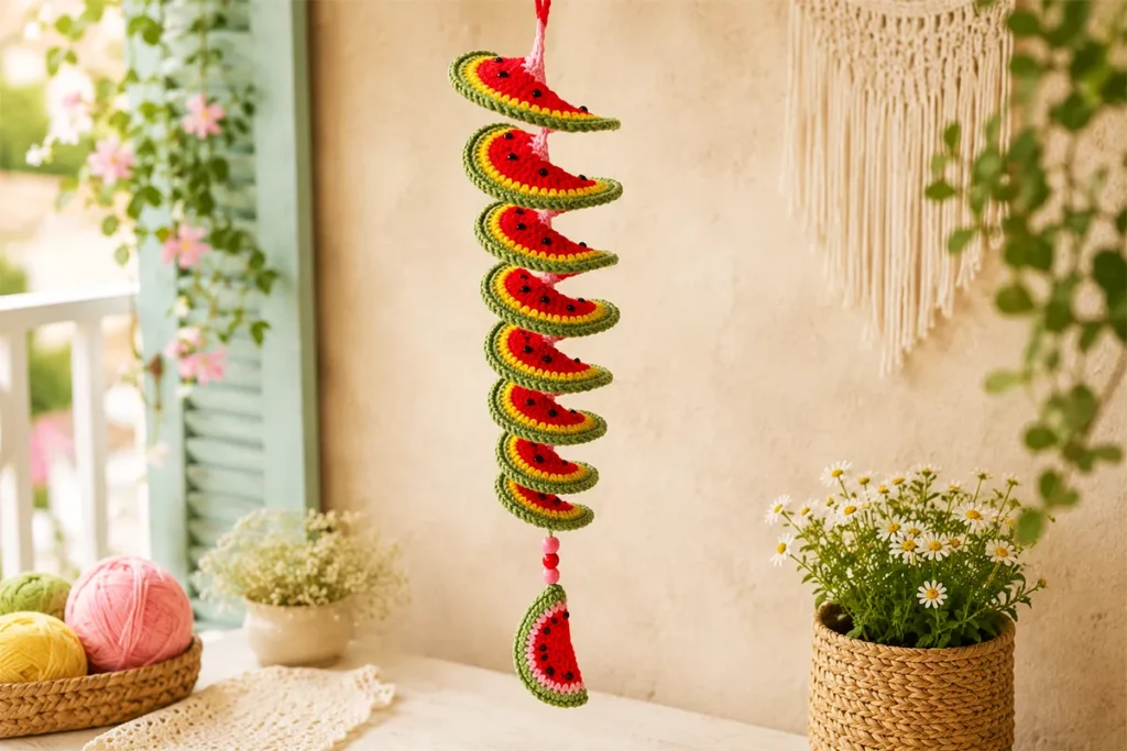 Finished crochet watermelon wind spinner hanging on a bright balcony with pink, red, yellow, and green spiral layers, black seed details, beads, and a watermelon slice charm