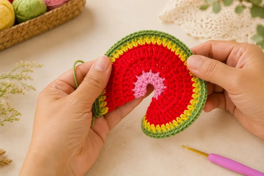 Hands holding the completed pink, red, yellow, and green crochet color layers of a watermelon wind spinner on a soft neutral craft table