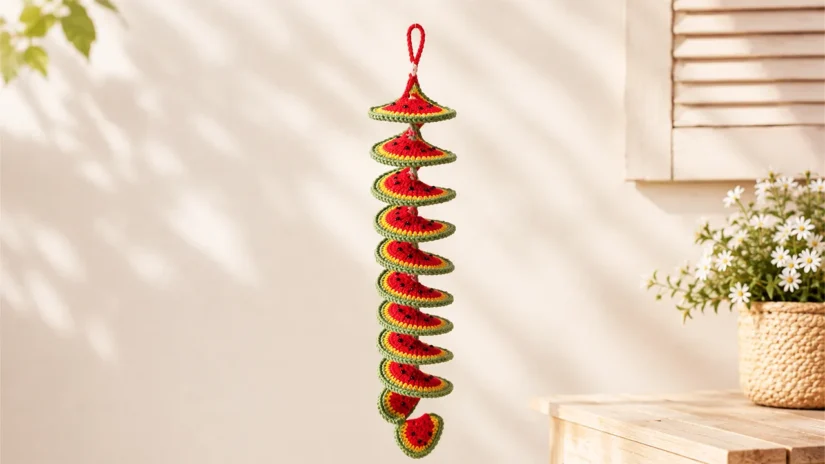 Crochet watermelon wind spinner featured image showing a finished spiral crochet decoration with a watermelon slice charm on a soft pastel craft table