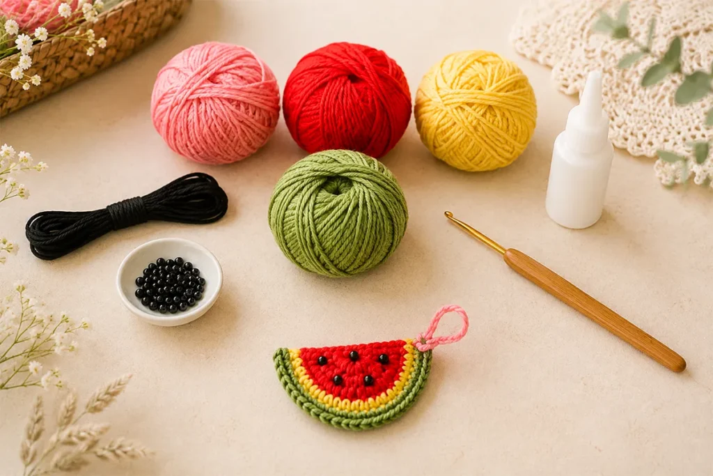 Materials for a crochet watermelon wind spinner including pink, red, yellow, and green cotton yarn, a crochet hook, black beads, black thread, glue, and a small watermelon crochet charm on a pastel craft table
