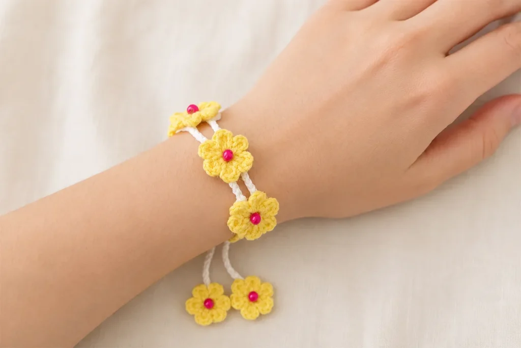 Finished crochet daisy bracelet worn on the wrist