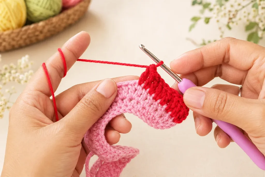 Hands working red double crochet increases into a pink crochet row for a watermelon wind spinner using a pink-handled crochet hook