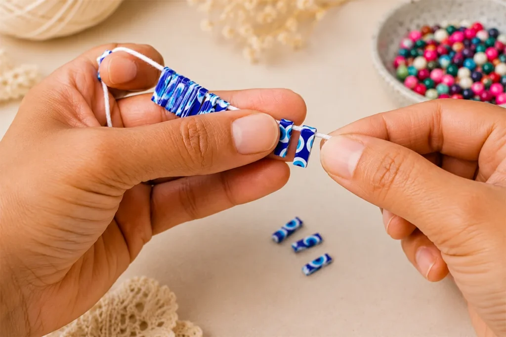 Hands threading rectangular evil eye charms onto white yarn on a neutral craft table for a crochet evil eye anklet project.