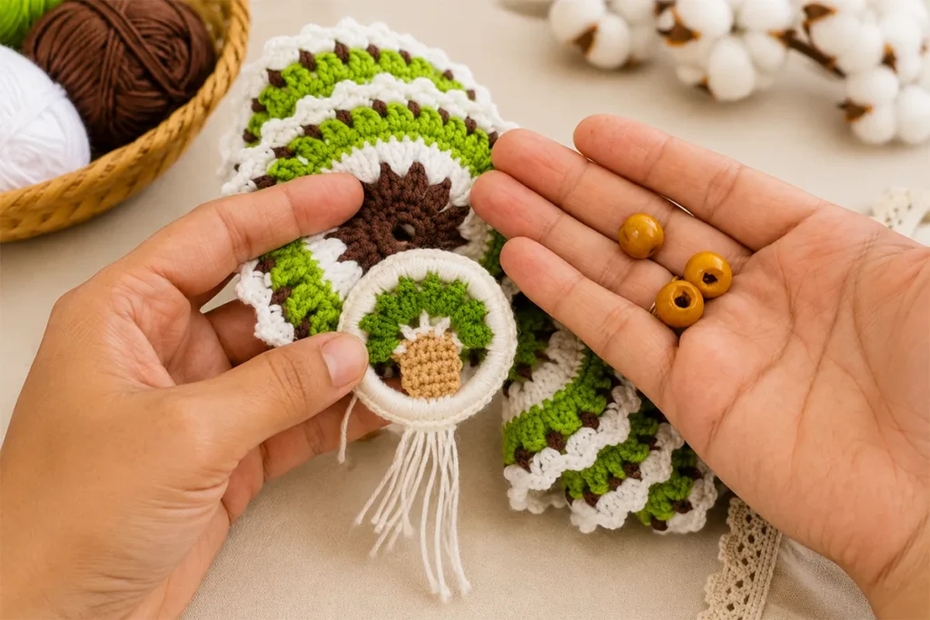 Hands holding three wooden beads and a small crocheted tree decoration in front of a green, white, and brown crochet wind spinner.