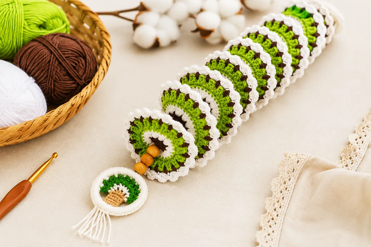 Green, white, and brown crochet wind spinner with wooden beads and a small tree charm, displayed with matching yarn balls and a crochet hook.