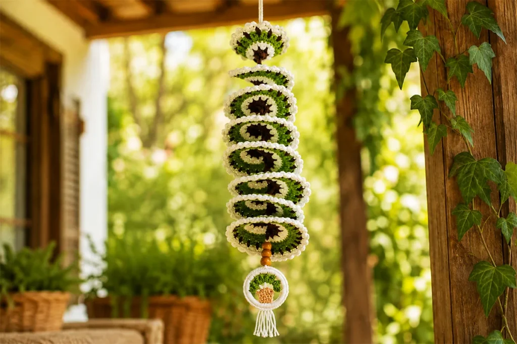 Finished green, white, and brown crochet wind spinner hanging on a porch with wooden beads and a small tree charm.