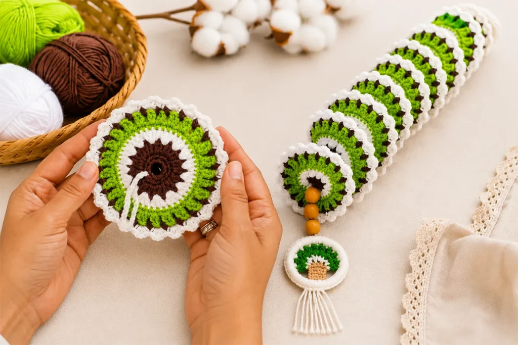 Hands holding the flat green, white, and brown crochet piece beside the finished spiral wind spinner with wooden beads and a small tree charm.