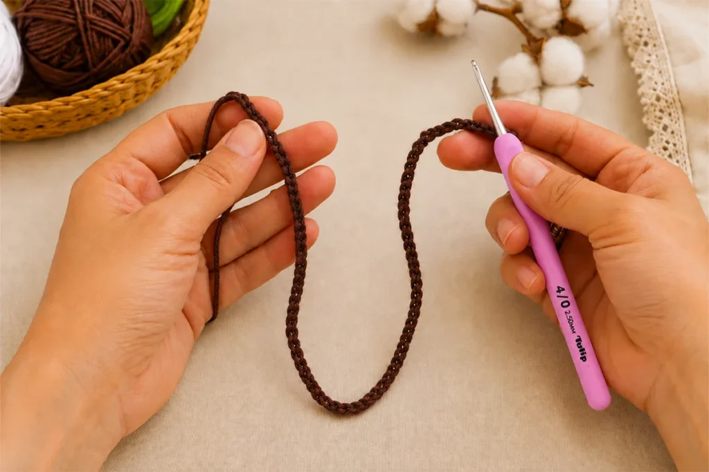 Hands holding a brown crochet foundation chain with a pink 2.5 mm crochet hook on a light craft table.