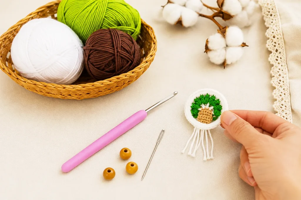 Crochet materials for a tree-inspired wind spinner arranged on a light craft table, including white, brown, and green yarn, a 2.5 mm crochet hook, a finished spiral wind spinner, a small tree charm, wooden beads, and a yarn needle.