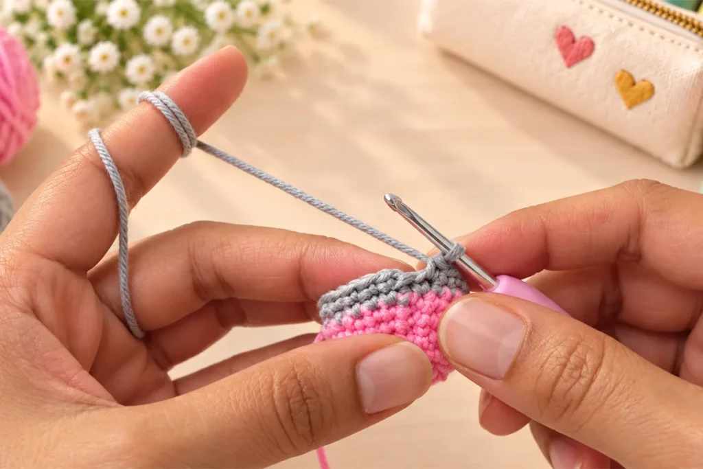 Hands changing from pink yarn to gray yarn in a crochet pencil keychain at the end of Round 6