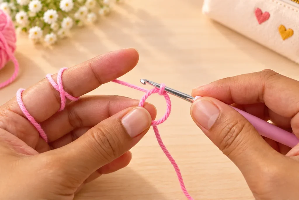 Hands making a magic ring with pink yarn for a crochet pencil keychain