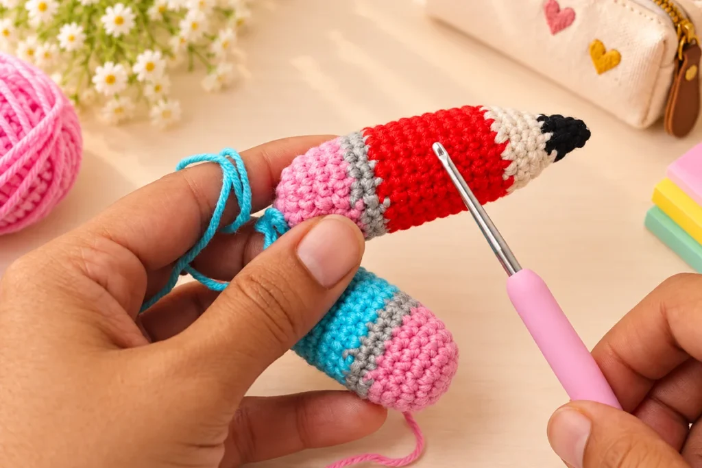 Hands holding crochet pencil keychain pieces while showing the main color section and adjustable body length