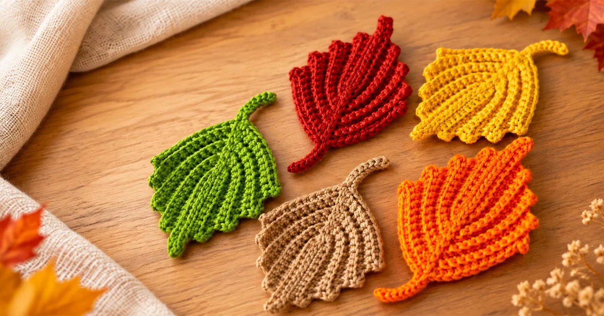 Crochet ribbed fall leaf pattern in orange, yellow, green, red, and beige