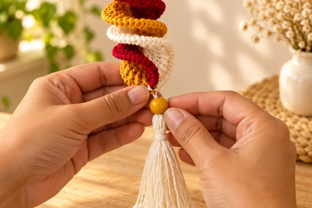 Close-up of hands attaching a yellow bead and white tassel to a crochet wind spinner made with mustard, cream, and burgundy yarn.