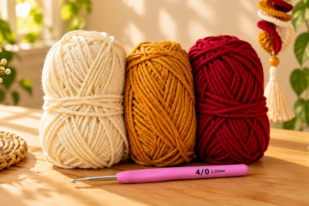 Cream, mustard, and red yarn with a pink 2.5 mm crochet hook for a crochet wind spinner project.