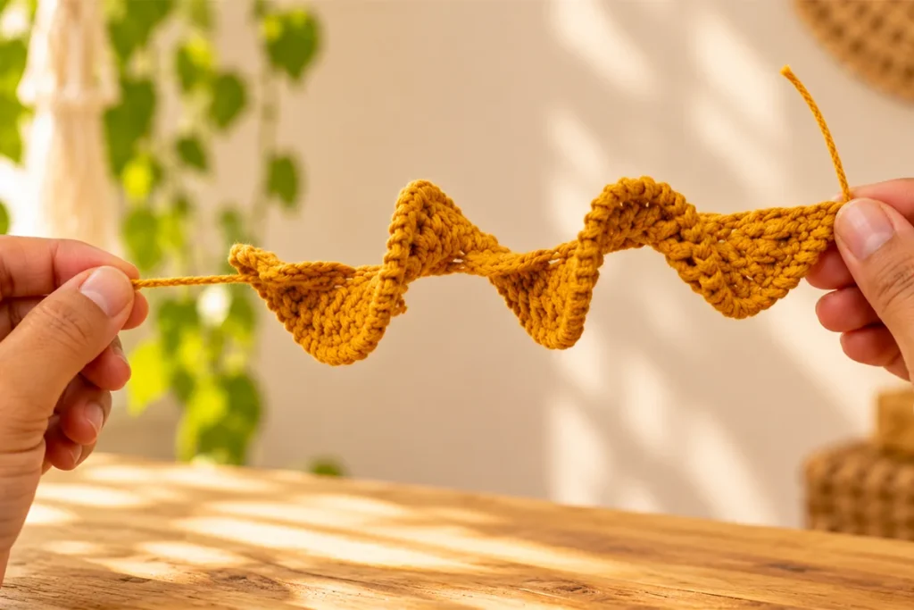 Hands holding the mustard crochet wind spinner section horizontally, showing the cut yarn end at the top and the starting chain on the left.