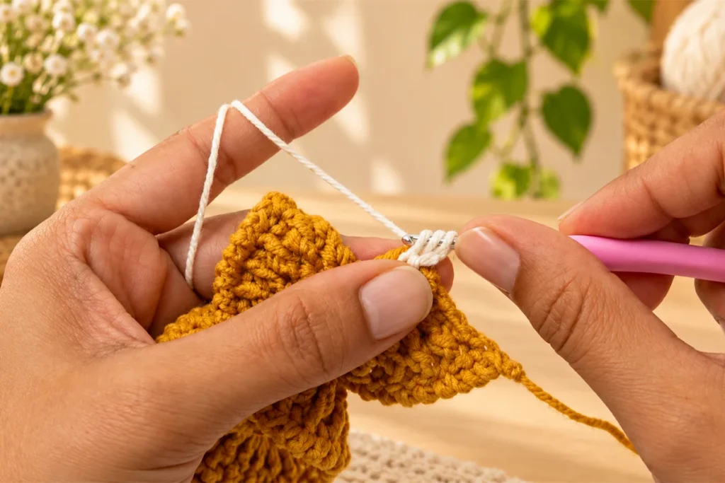 Hands joining the second color yarn with a pink crochet hook in the middle space of a crochet wind spinner project.