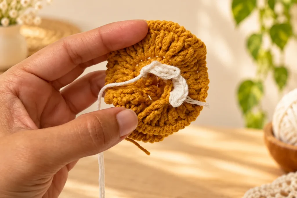 Close-up of a hand holding a mustard crochet base with a white stitched section in the center, showing the remaining foundation space for the next color section.