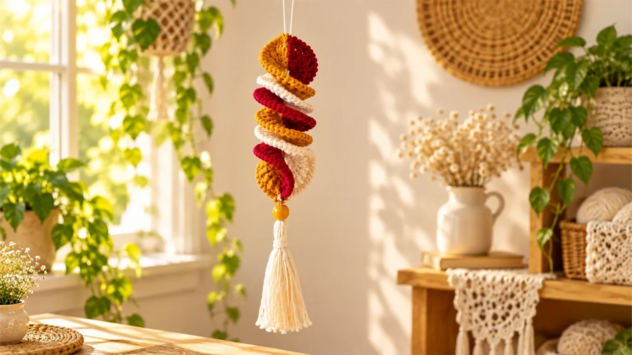 Three-color crochet wind spinner hanging in a warm boho-style room with a yellow bead and white tassel.